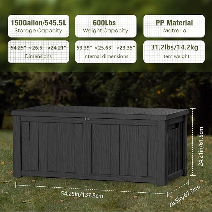 150 Gallon Resin Deck Box, Waterproof Outdoor Storage Box for Patio Furniture, Garden Tools, and Pool Accessories, Lockable UV-Resistant Storage Bin Bench Cabinet for Outside, Black