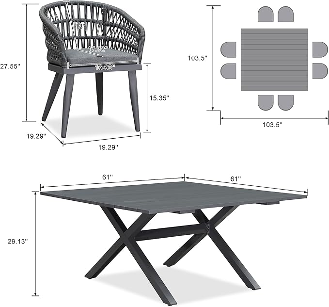 PURPLE LEAF 9 Pieces Outdoor Dining Set All-Weather PE Rattan Outdoor Patio Furniture Set with All Aluminum Frame Square Table and Chairs Set for Lawn Garden Backyard Deck, Grey