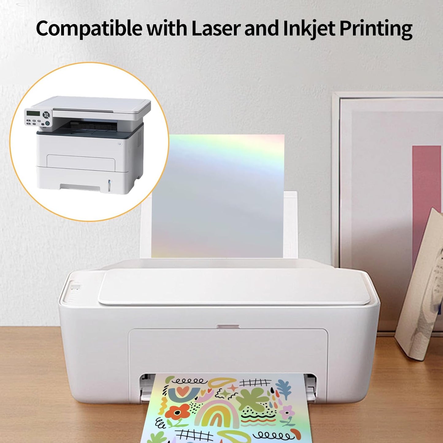 Printable Sticker Paper, 20 Sheets Printable Holographic Sticker Paper, Laser/Inkjet Printing- Holographic, Letter Size (8.5" x 11")