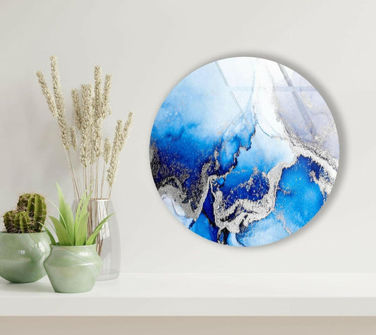 My Photostation.com 27.5''(70cm) Diameter Blue Marble Round with Silver Details Glass Wall Art Tempered Glass Printing Wall Decor Large Wall Art Wall Hangings