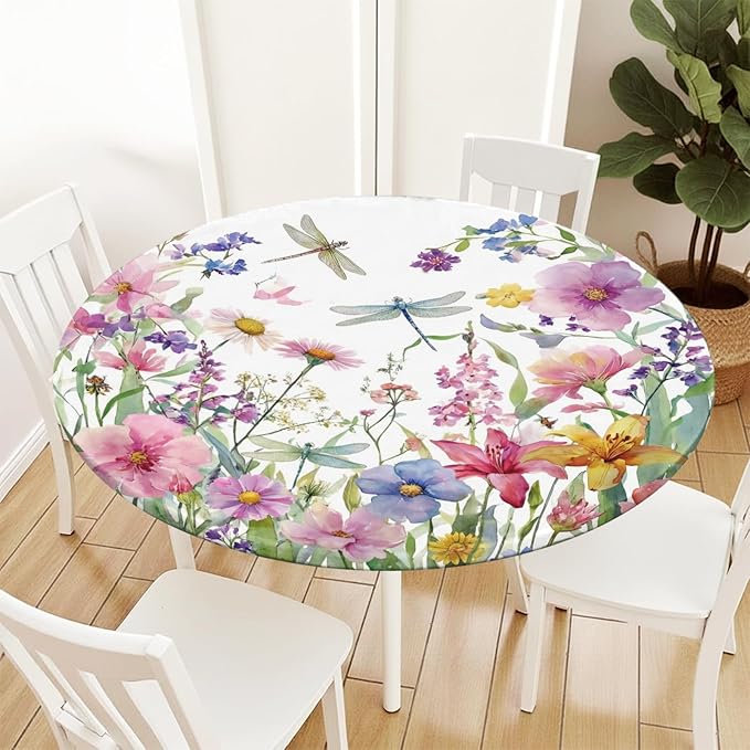 Spring Summer Floral Round Fitted Tablecloth with Elastic Wildflower Dragonfly Circle Table Cloth for 36-40" Tables Farmhouse Easter Flowers Stretch Waterproof Table Cover for Picnic Outdoor Dining