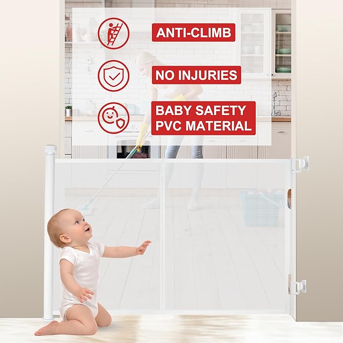 55 inches Retractable Baby Gate, 34 inches Tall Extra Wide Pet Gate for Stairs, Hallways and Doorways, Indoor Outdoor Safety Gate for Toddlers & Small Dogs, White