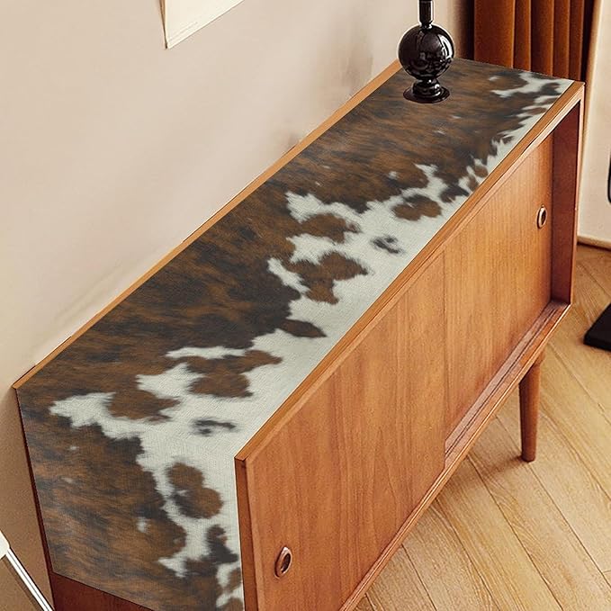 Cow Print Table Runner, Brown Cowhide Print Western Style Table Runner Country Farmhouse Cottage Cow Pattern Linen Table Decoration for Home Kitchen Dining 13x90