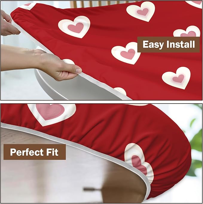 Valentines Day Round Fitted Tablecloth with Elastic Red Pink Heart Circle Table Cloth for 40-44" Round Tables Wipeable Waterproof Washable Burgundy Valentine Table Cover for Picnic Dining Party Decor