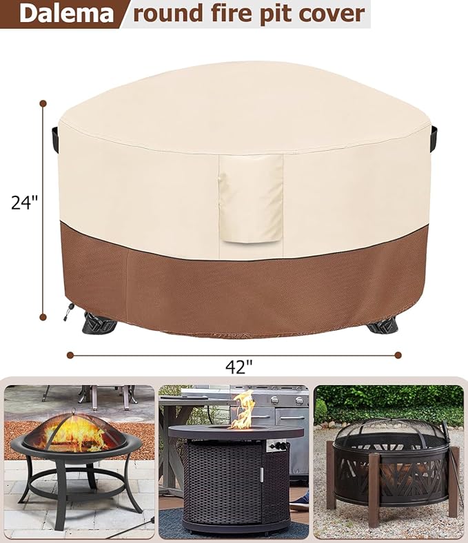 Fire Pit Cover,Outdoor Heavy Duty 600D 100% Waterproof Fire Pit Cover Round,Weatherproof Firepit Covers Round 42" Dia x 24" H,Beige & Brown