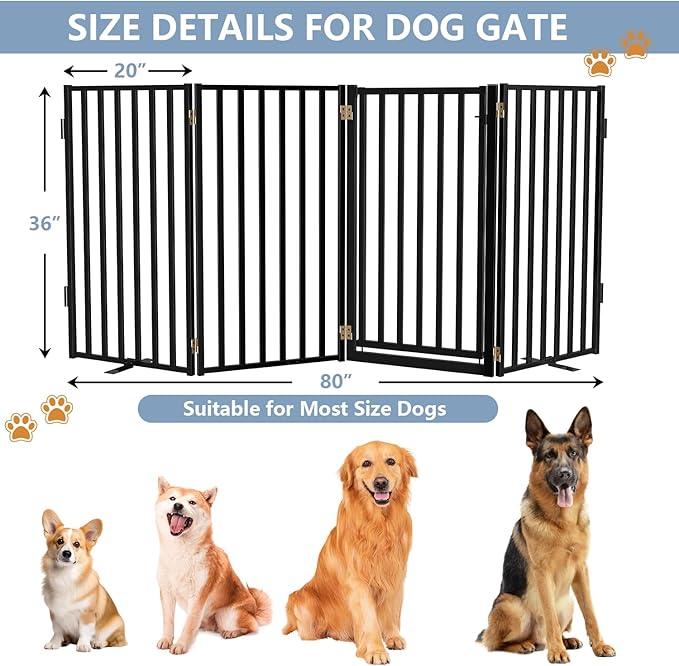 Full Metal Freestanding Dog Gates with Door, 32" Height Dog Fences for Indoor & Outdoor, Extra Wide Foldable Pet Gates for Stairs, Hallways, Doorways, Yard (4 Panels, 80" W × 36" H)