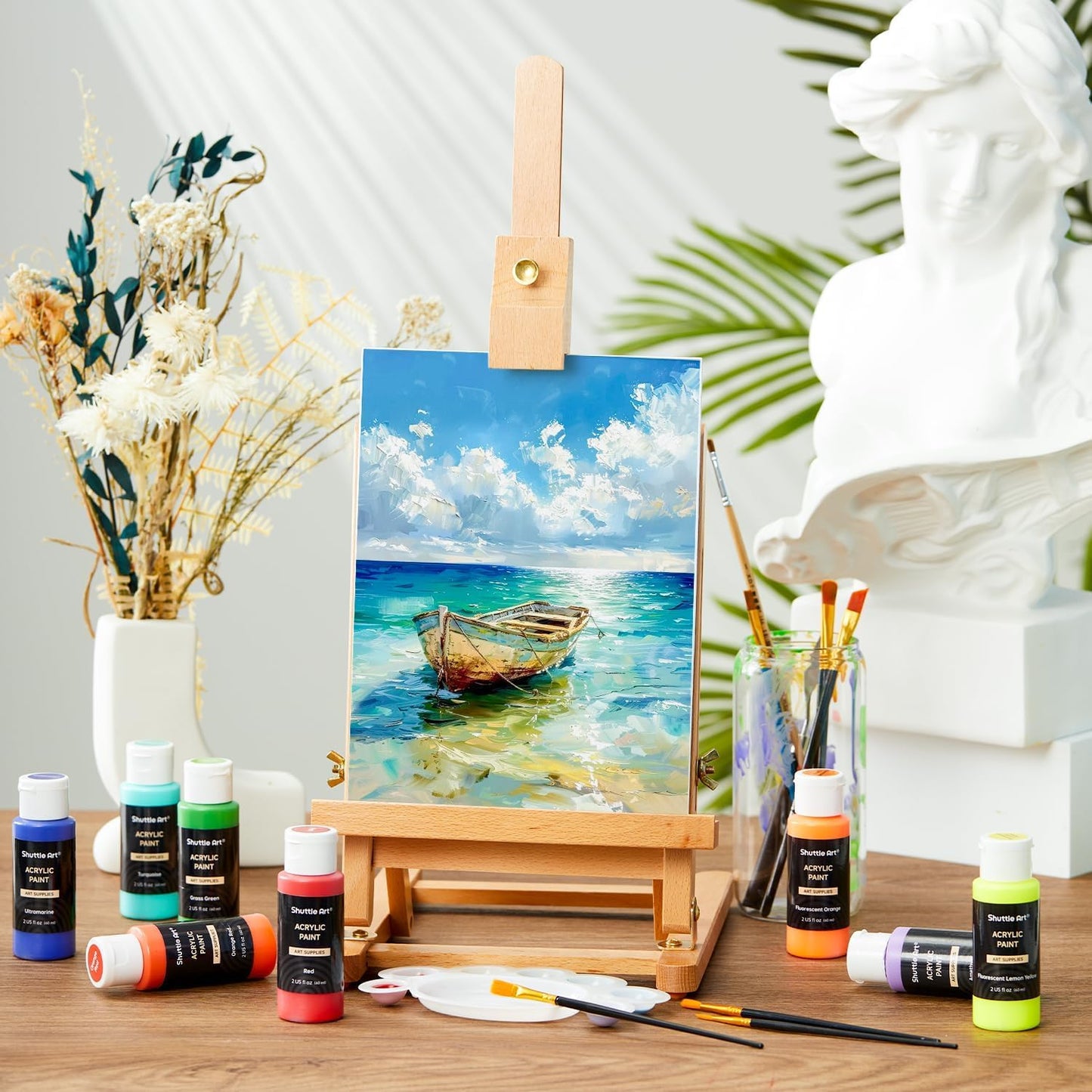 Shuttle Art Acrylic Paint, 42 Colors Acrylic Paint Set with 12 Brushes, 2oz/60ml Bottles, Rich Pigmented, Water Proof, Premium Paints for Artists, Beginners and Kids on Canvas Rocks Wood Ceramic