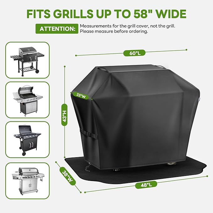 Grill Cover 60 Inch & Under Grill Mat,Waterproof Fade Resistant Anti-UV Barbecue Grill Cover & Weather Protection BBQ Cover for Griddle Outdoor,Compatible with Weber Nexgrill Charbroil Grill