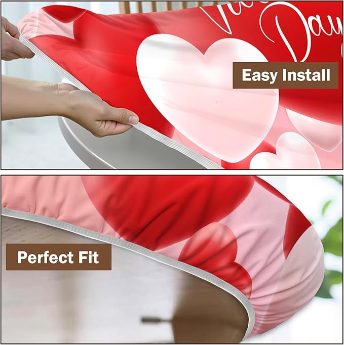 Valentines Day Round Fitted Tablecloth with Elastic Red White Love Heart Circle Table Cloth for 48-52" Round Tables Wipeable Waterproof Washable Valentine Table Cover for Picnic Dining Party Decor