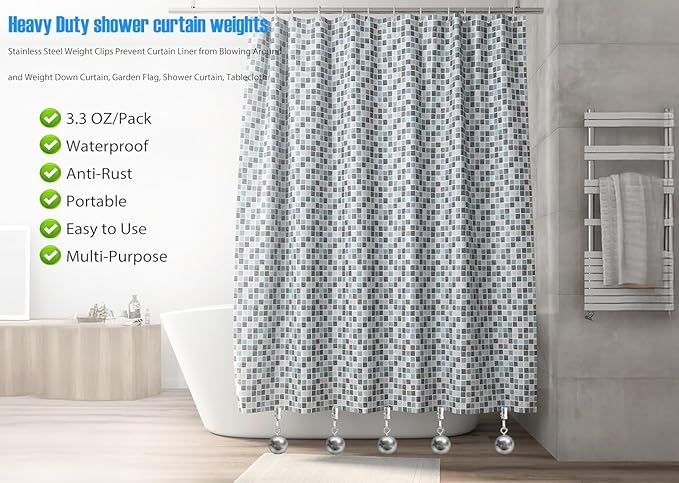 10 Pack Shower Curtain Weights, Prevent Curtain Liner from Blowing Around, Stainless Steel Shower Liner Weights Clip Down Curtain, Garden Flags Tablecloth