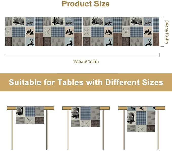 Rustic Bear Deer Table Runner, Blue Checkered Nature Forest Wildlife Farmhouse Cabin Country Table Runner for Outdoor Dining Kitchen Camping Party 13x36in