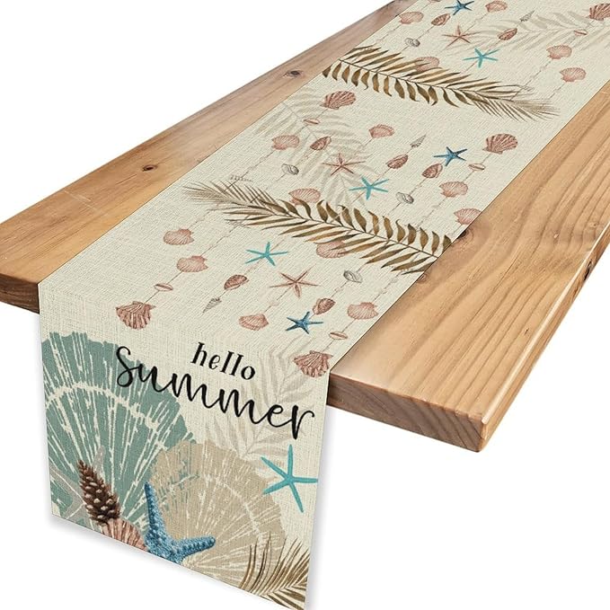 Nautical Coastal Table Runner, Rustic Starfish Seashells Tropical Leave Ocean Beach Hello Summer Farmhouse Coffee Table Center Decor for Home Kitchen Dining Patio Outdoor Table Decorations, 13"x108"