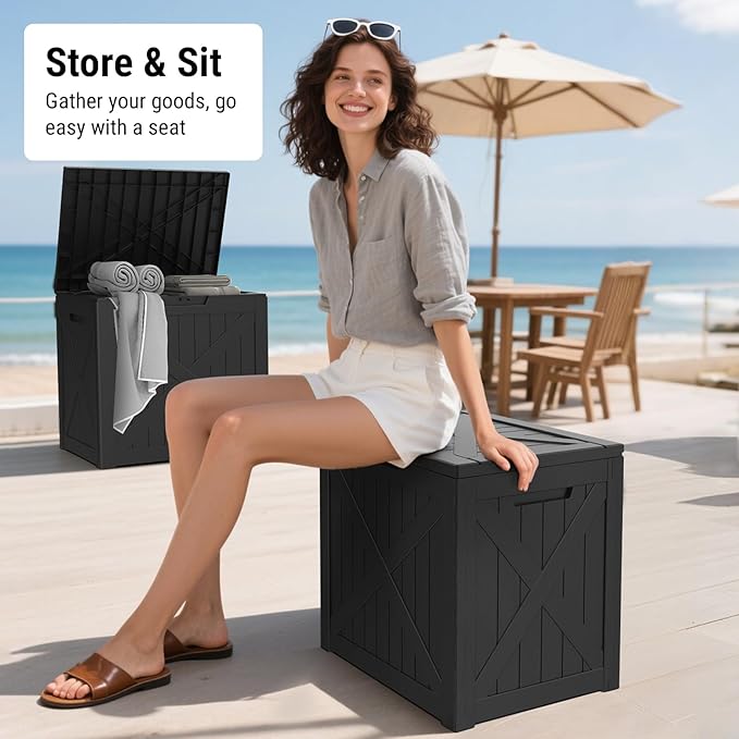 Mars Villa 31 Gallon Barn Style Deck Box, Outdoor Storage Box Waterproof, Lockable Lid, Weatherproof and UV Resistant Resin Storage Bin for Patio Furniture Cushions, Pool Supplies, Garden Tools, Black