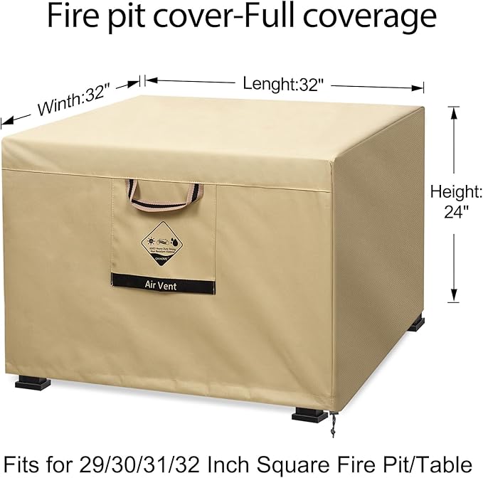 738N Max Tension, Gas Fire Pit Cover Square, Fits for 29/30/31/32 Inch, 600D Upgraded Extra Dense Heavy Duty Fabric, Waterproof, Tear Resistant, Outdoor Fire Table Cover, 32''L x 32''W x 24''H -Beige