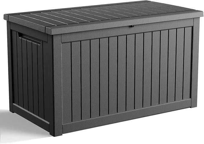 280 Gallon Waterproof Outdoor Storage Box, UV Resistant Resin Deck Box with Hydraulic Rod for Reinforced Stability, Perfect for Patio, Garden, and Pool, Striped Black