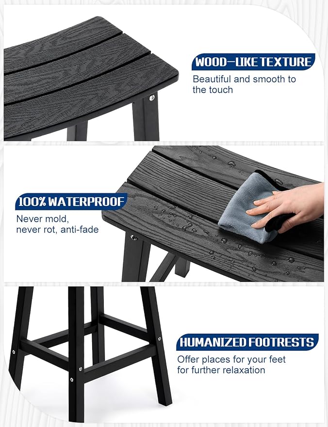 Weatherproof Bar Stools Set of 4, 28" Height Outdoor Bar Stools Holds up to 400 lbs, Saddle Seat, Bar Height Stools for Patio, Garden, and Kitchen Island, Black