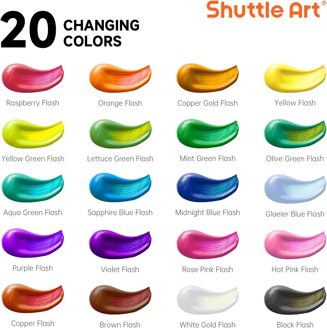 Shuttle Art Color Change Acrylic Paint, 20 Chameleon Colors Acrylic Paint, 60ml/2oz Bottles, Iridescent Colors for Artists, Beginners, Kids Painting & Crafting on Canvas, Rocks, Wood, Fabric, Ceramic