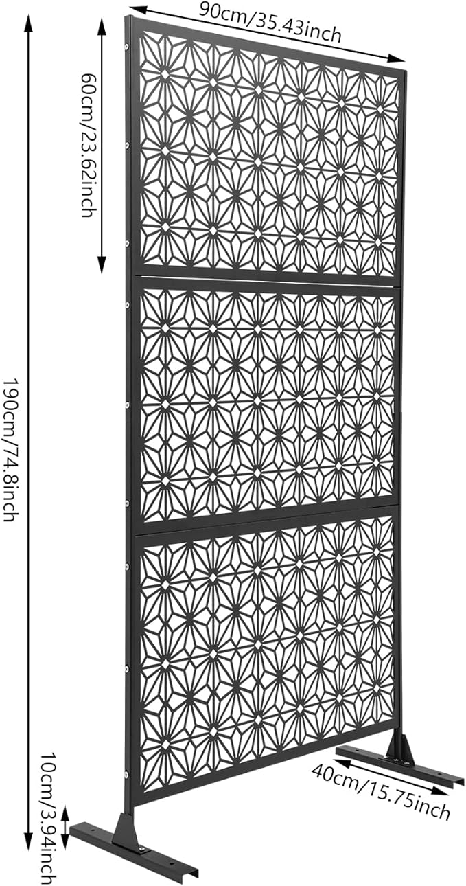 75" H×35" W Decorative Outdoor Privacy Screen with Stand, Outdoor Decor Privacy Fence Screen Metal Fence Panels, Free Standing Metal Divider for Patio Lawn Deck (Black-Small Snowflake)
