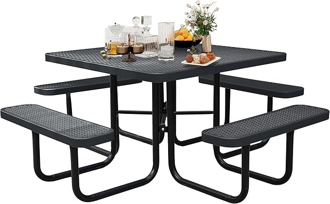 46'' Square Metal Picnic Table for Outdoors, Commercial Steel Metal Picnic Tables, Heavy Duty Sturdy Picnic Tables Furniture Set for Patio Garden Courtyard BBQ, with Umbrella Hole, Black