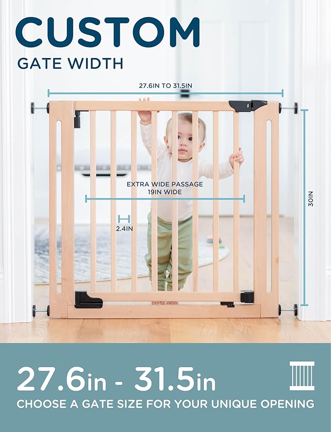 SizeWise™ Wood Pressure Mounted Safety Gate 27.6"-31.5" | Extra-Wide Passage | Auto-Close Two-Way Opening for Doorways and Hallways | Easy Installation | PEFC Certified Beech Wood (28.7" Passage)