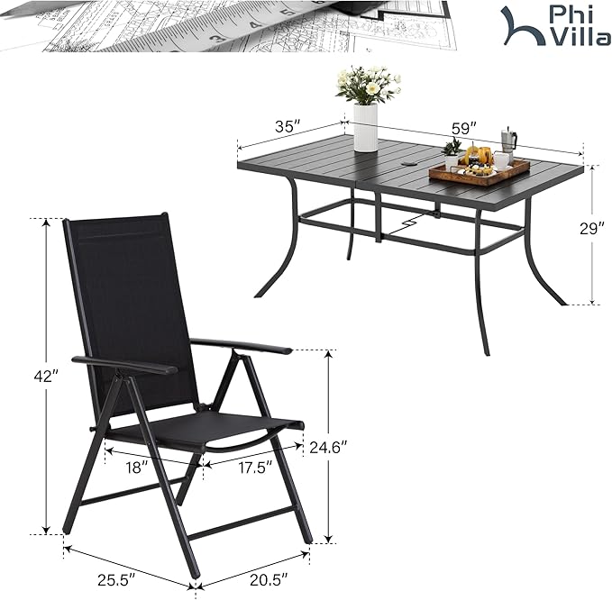 PHI VILLA 7 Piece Patio Dining Set with Outdoor Table and Chairs, Outdoor Dining Table Set for 6 with Adjustable Foldable Patio Chairs & Metal Steel Table for Garden, Black