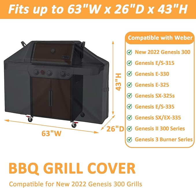 63 Inch Grill Cover for Weber Genesis 300 Series, for New 2022 Genesis 300 Gas Series 3 Burner Grill, Waterproof BBQ Gas Grills Cover, 7757 Grill Cover for Weber 3 Burner Grills