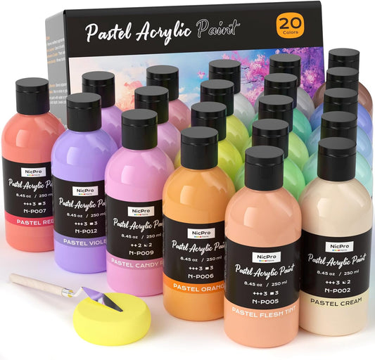 Nicpro 20 Colors Pastel Acrylic Paint Set (8.45 oz, 250 ml), Large Bulk Pastel Acrylic Paint, Non Toxic Art Painting Supplies for Canvas, Rock, Wood, Fabric, Ceramic, Craft, with Knife Color Wheel