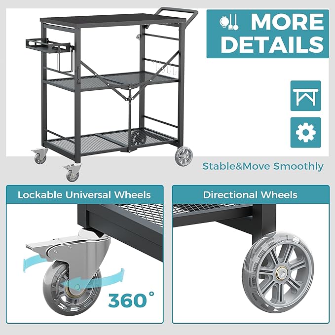 Ciokea Folding Outdoor Grill Cart with Wheels, Foldable Outdoor Grill Table with 27"x18" INCH Top, 3-Shelf Prep Table, Pizza Oven Stand, Metal Portable Kitchen Cart for BBQ Patio Camping (All Black)