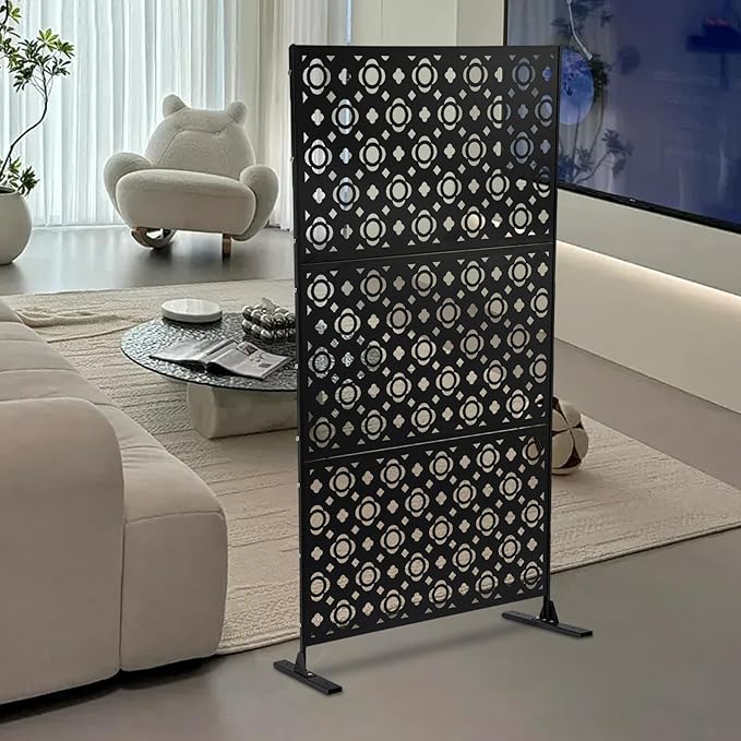 75" H×35" W Decorative Outdoor Privacy Screen with Stand, Outdoor Decor Privacy Fence Screen Metal Fence Panels, Free Standing Metal Divider for Patio Lawn Deck (Black-Small Plum Blossom)