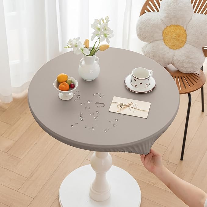 Round Fitted PU Tablecloth with High Elastic Edge 43 Inch Dia Waterproof Oil Proof Table Cloth Anti-Scald Stain-Resistant Wipeable Table Cover for Indoor Outdoor Picnic (Grey,43" Dia)