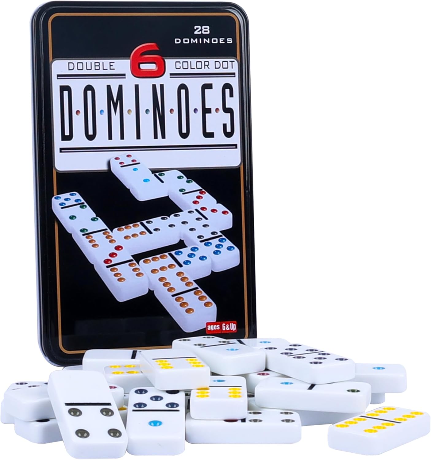 GOTHINK Double 6 Dominos Set for Adults with Tin Box Storage - 28 Tile Colorful Dot Dominoes Games Set for Family Night Gift Travel Game - Classic Party Board Game Ideal for 2-4 Players