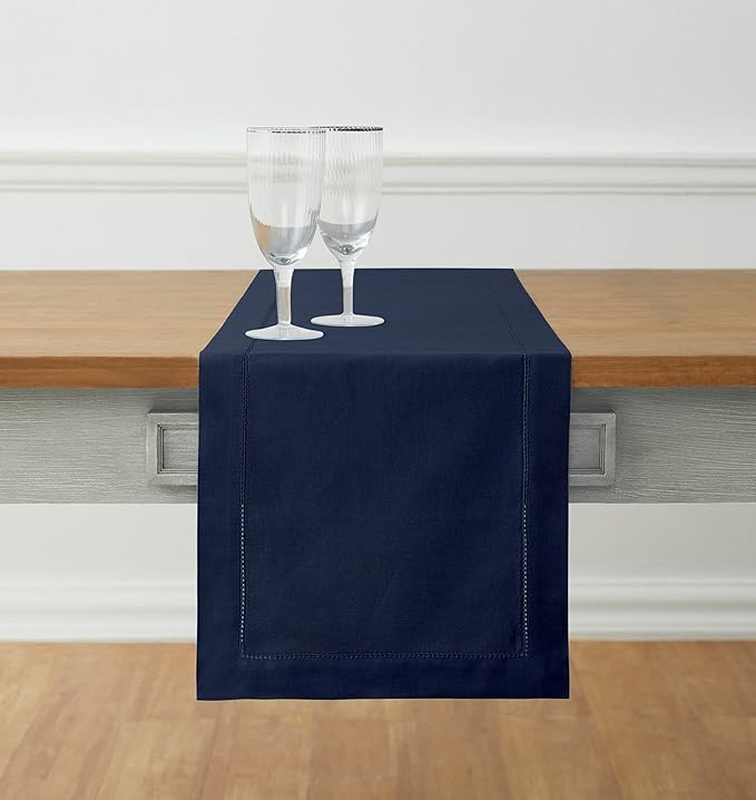 Solino Home Navy Blue Table Runner 144 Inches Long - Cotton Linen Hemstitch Extra Long Table Runner 14 x 144 Inch for Winter, Spring, Easter