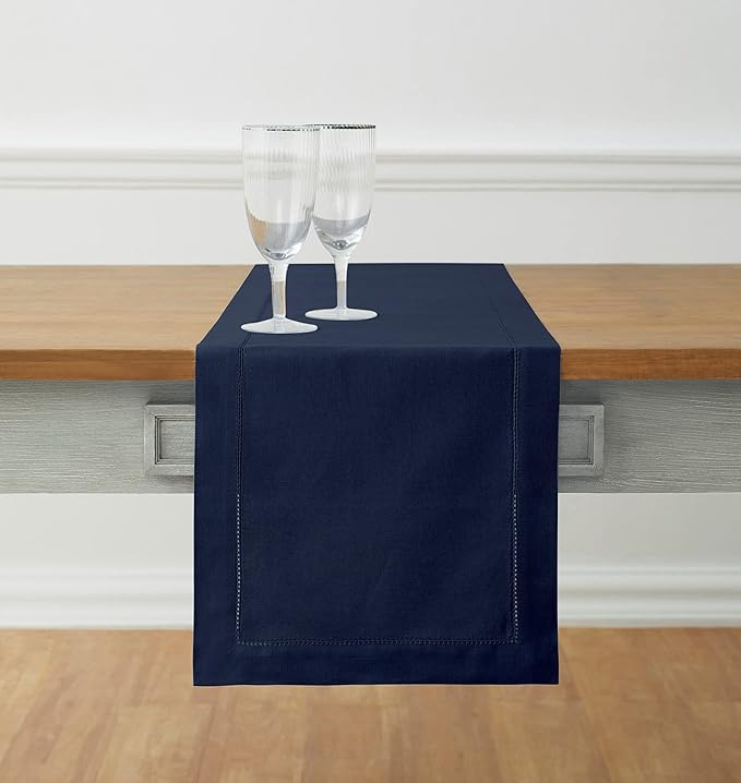 Solino Home Navy Blue Hemstitch Table Runner 36 Inches - Cotton Linen Small Table Runner 14 x 36 Inch Ideal for Dresser and Coffee Tables - Fall, Autumn, Halloween, Thanksgiving, Christmas, Holiday