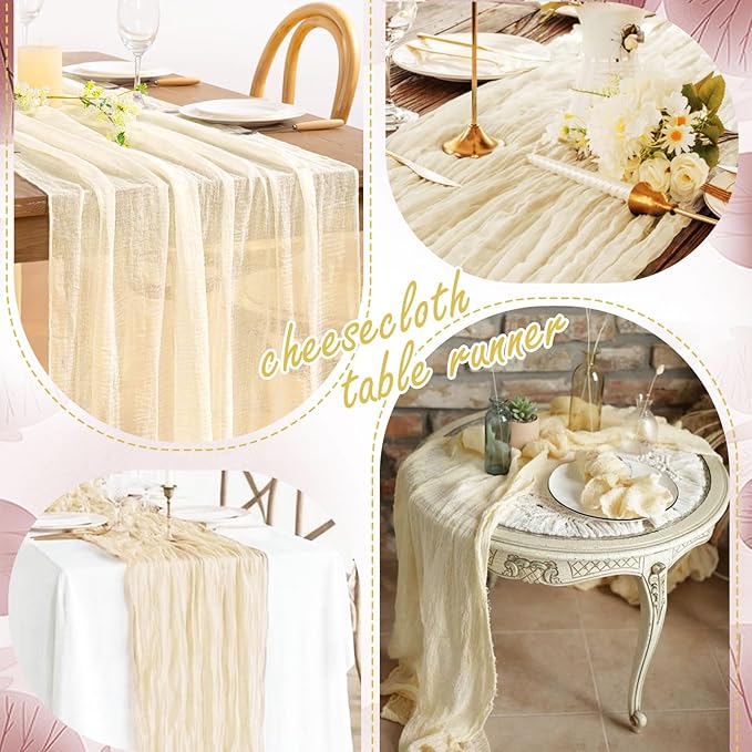 20 Packs Cheesecloth Table Runner 10FT Long Boho Gauze Fabric Table Runner Vintage Rustic Sheer Runners for Wedding Party Bridal Baby Shower Table Decorations (Ivory )
