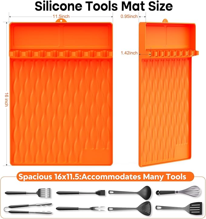 Silicone Grill Tool Mat for Blackstone, Heat Resistant Spatula Mat with Drip Pad, Side Mat for Blackstone Griddle Accessories, Silicone Griddle Mat for Outdoor Kitchen Countertop ,Gifts for Men Orange