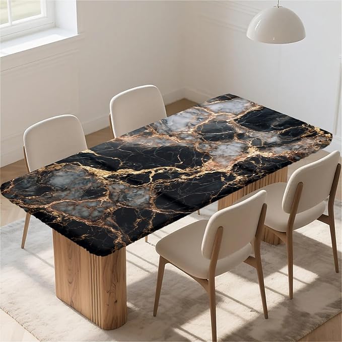 Rectangle Table Cloth Cover Waterproof Elastic Fitted Polyester Fitted Tablecloths for 6 Foot Tables for Indoor,Picnic, Camping, Outdoor （60" x 30"，Black Marble）