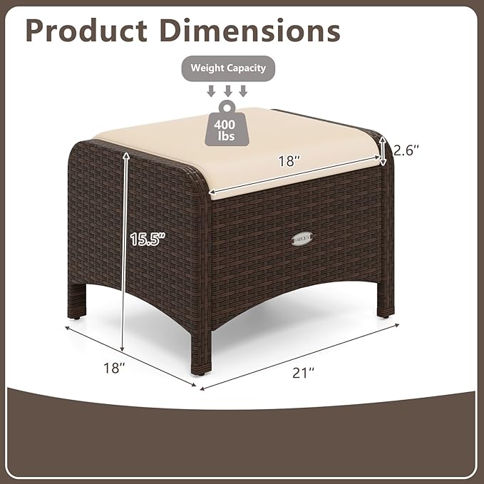 Tangkula 2 Pieces Outdoor Patio PE Wicker Ottomans with Removable Cushions, Outdoor Furniture for Additional Seating, Footrest and Side Table, Outdoor Footstools for Porch, Garden and Backyard