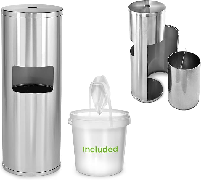 Alpine Stainless Steel Disinfecting Wipes Dispenser Floor Stand - Large Capacity Gym Wipes Dispenser with Trash Can, Smudge Resistant Coating Sanitizing Stand - Disinfectant Wipes Container Included