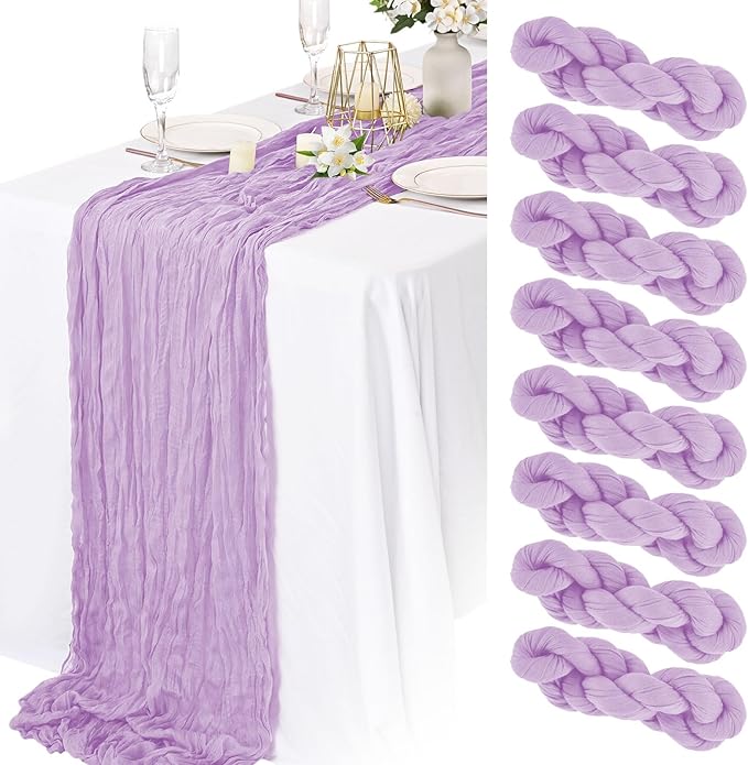 8 Packs Cheesecloth Table Runner 10FT Long Boho Gauze Fabric Table Runner Vintage Rustic Sheer Runners for Wedding Party Bridal Baby Shower Table Decorations (Lilac)