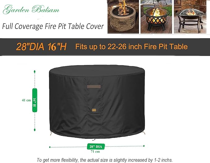 Fire Pit Cover 600D Heavy Duty Waterproof Fabric With PVC Coating Round 28" Dia x 16" H Black Fits 22-26 inch Fire Pit Table Fade Resistant Outdoor Firepit Cover