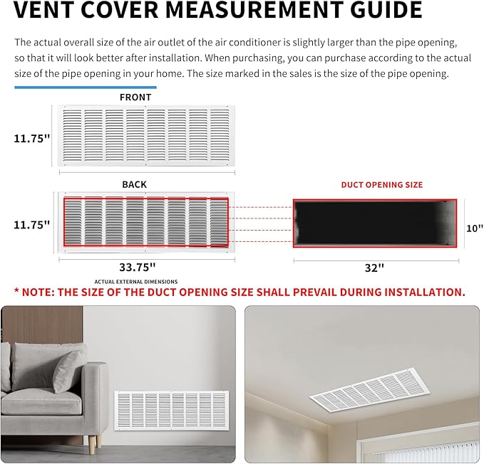 32 x 10 Vent Cover(Duct Opening Size),Air Return Vent Cover,Flat Vent Cover,Rejillas De Aire Acondicionado para Casa,Return Air Grilles,Outer Dimensions:33.75"Wx11.75"H(32"W x 10"H, Duct Opening)