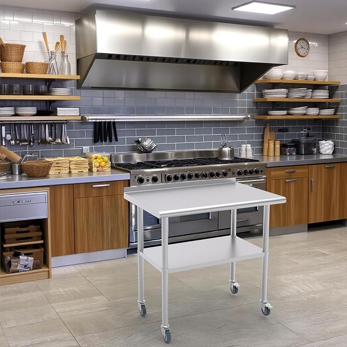 24x30 Inch Stainless Steel Work Table with Backsplash and Undershelf, Casters, Commercial Prep Table, Heavy Duty Kitchen Workbench, NSF Certified