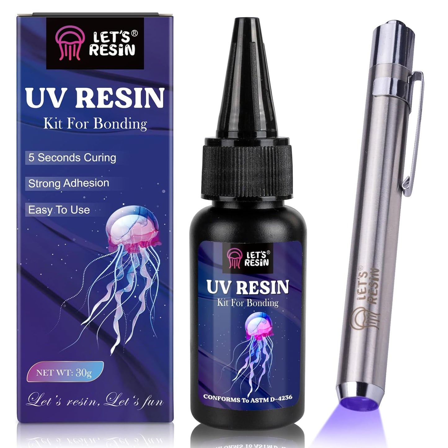 LET'S RESIN UV Resin Kit with Light, Bonding&Curing in Seconds, 30g UV Resin with Flashlight for Welding, Jewelry UV Glue Adhesive for Plastic Repair, Glass Light, Craft Decor
