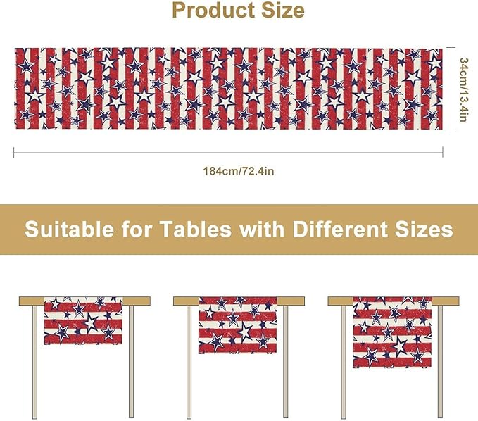 4th of July Table Runner, Vintage American Independence Day Stripes and Stars Patriotic Table Center Decor for Home Kitchen Dining Party Outdoor Holiday 13x90in