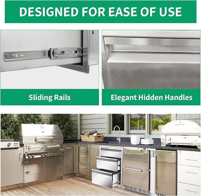 Outdoor Kitchen Drawers 18" W x 24" H x 23" D Stainless Steel Triple Drawers with Hidden Handle for BBQ Island, Patio Grill Station & Outdoor Kitchen Cabinets