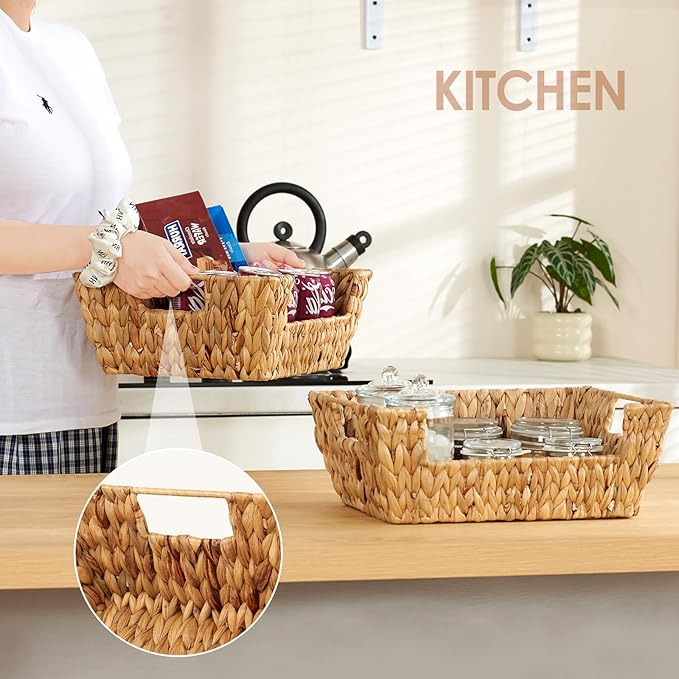 Wicker Baskets 2 Pack, Water Hyacinth Wicker Storage Basket with Handles, Pantry Baskets Organization and Storage, Handmade Large Wickers Baskets for Organizing, Natural