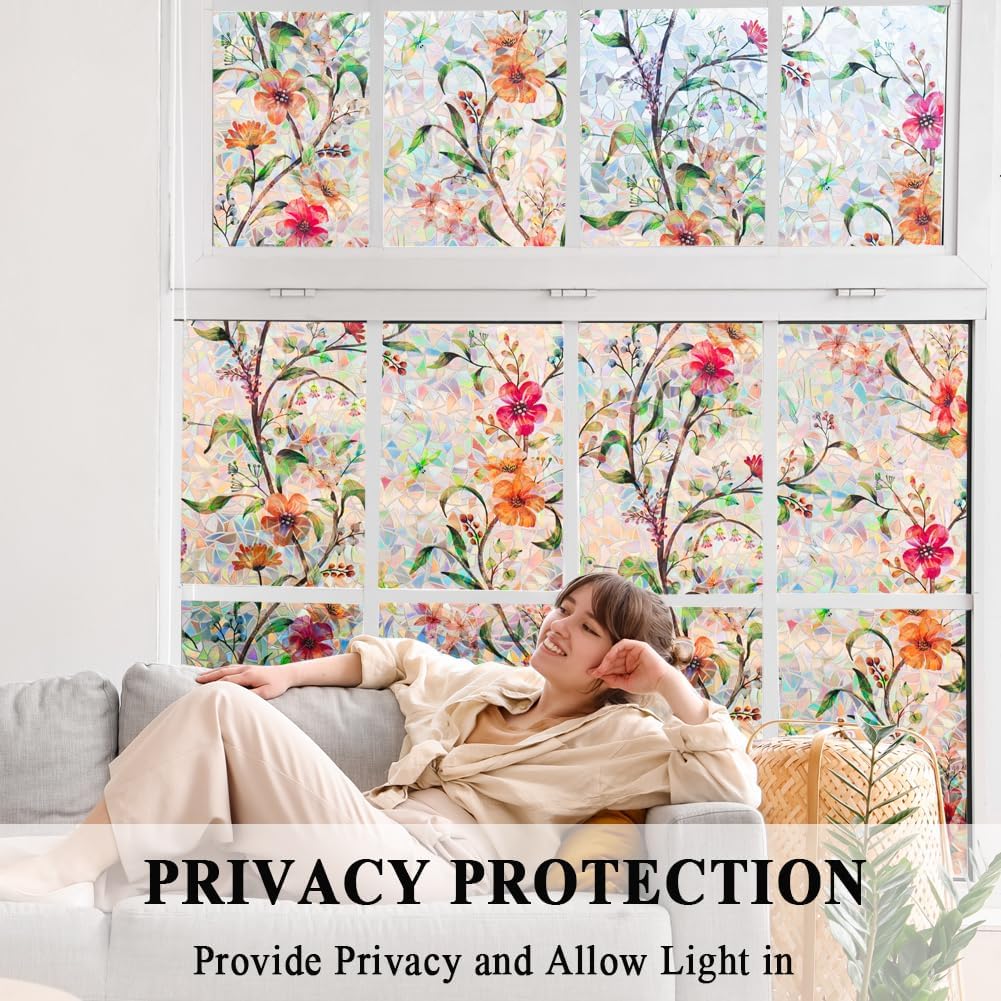 Stained Glass Window Film Static Cling Door Privacy Film Decorative Flowers Green Leaves Window Decals Stickers Heat Control Anti UV for Home and Office,45.2x157 in.