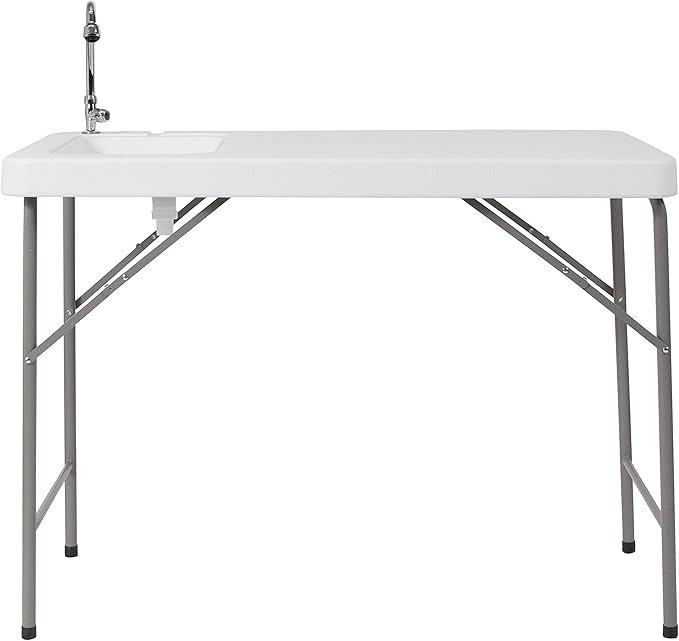 Flash Furniture Wesley 4' Portable Fish Cleaning Table with Sink, Outdoor Portable Folding Camping Sink Table with Faucet, and Hose Attachment, White