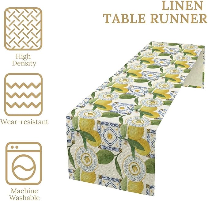 Tiles Lemon Table Runner, Watercolor Italian Tile Floral Plant Print Table Runner for Farmhouse Coffee Home Kitchen Dining Outdoor Party 13x70in