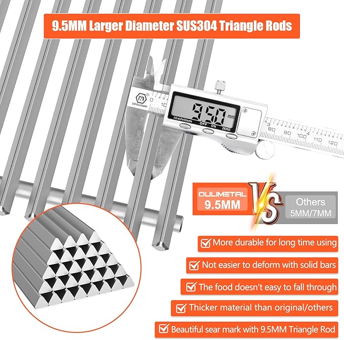 QuliMetal 19.5" 9.5MM Grill Grates for Weber Genesis 300 Series (2007-2016), Genesis E310 E320 E330 S310 S320 S330 Grills, 304 Stainless Steel Replacement Parts for Weber 7528 7524